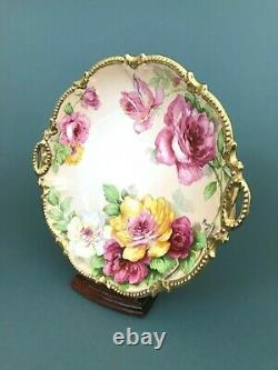 Vtg Coronet Limoges France Jaune Roses Cake Plate Poignée Or Trim Artist Sign